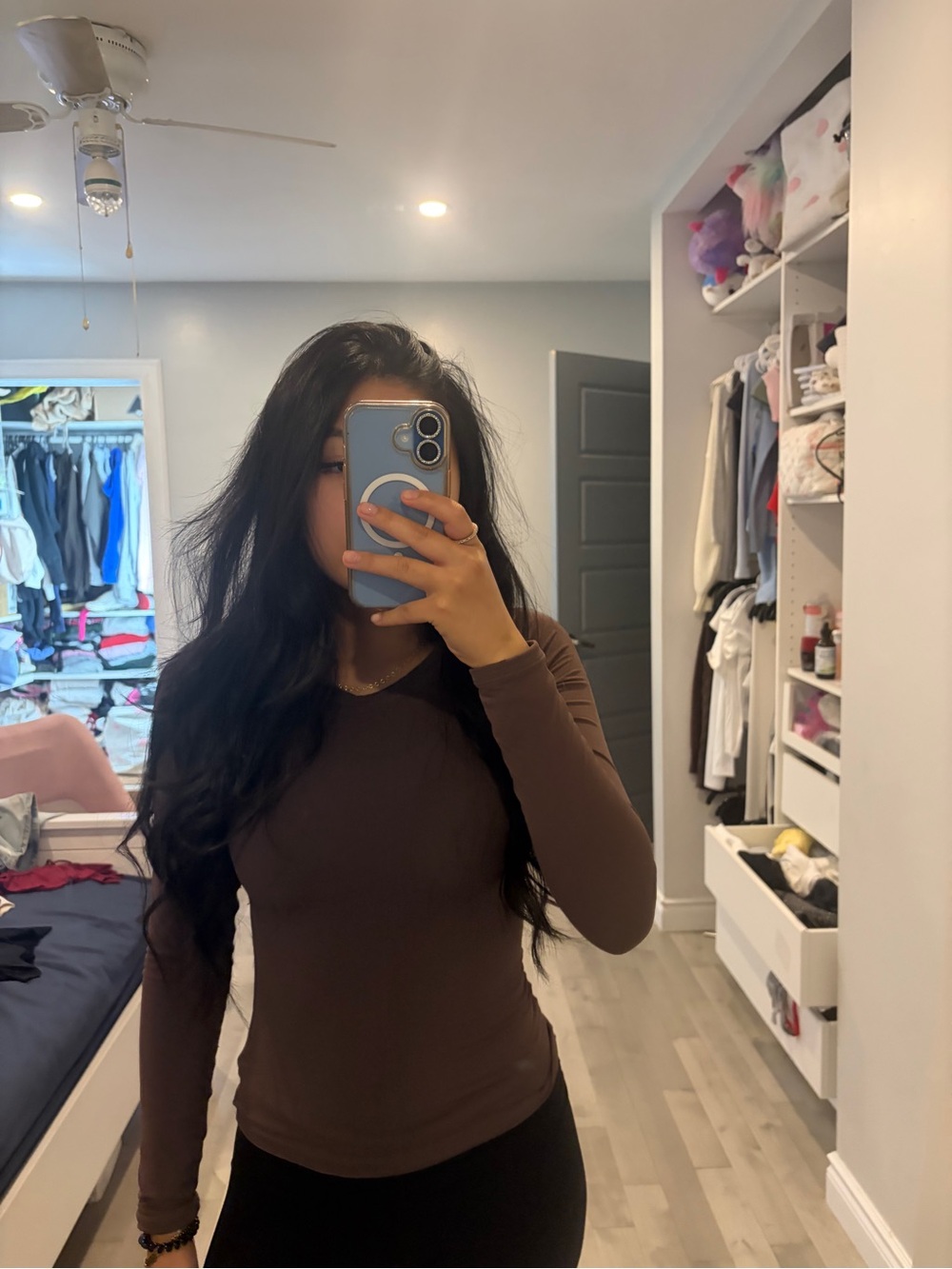Long Sleeve Women's Scoop Neck Top in Chocolate Brown